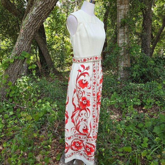 VINTAGE 1960s ALFRED SHAHEEN 2 PIECE JACKET MAXI PAINTED HAWAIIAN DRESS Size 12 - Picture 9 of 16